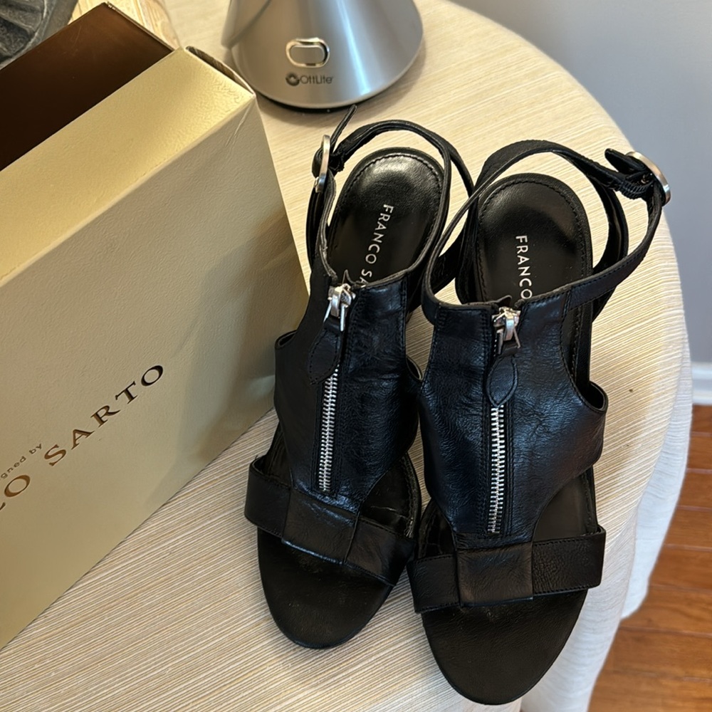 FRANCO SARTO Ankle Strap Sexy Black Leather Wedge Heel Sandal with Zipper